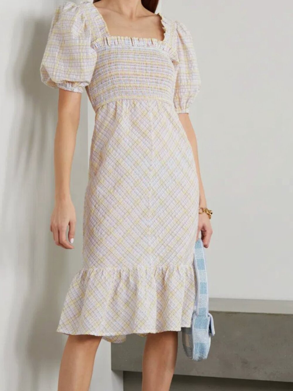 GANNI Checked Organic Cotton-Blend Seersucker Summer Midi Dress